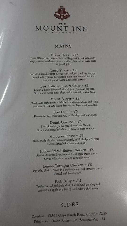 Menu at Mount Inn pub & bar, Llanidloes