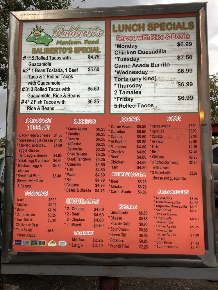 Menu at Raliberto's Mexican Food restaurant, Wheat Ridge, Wadsworth Blvd