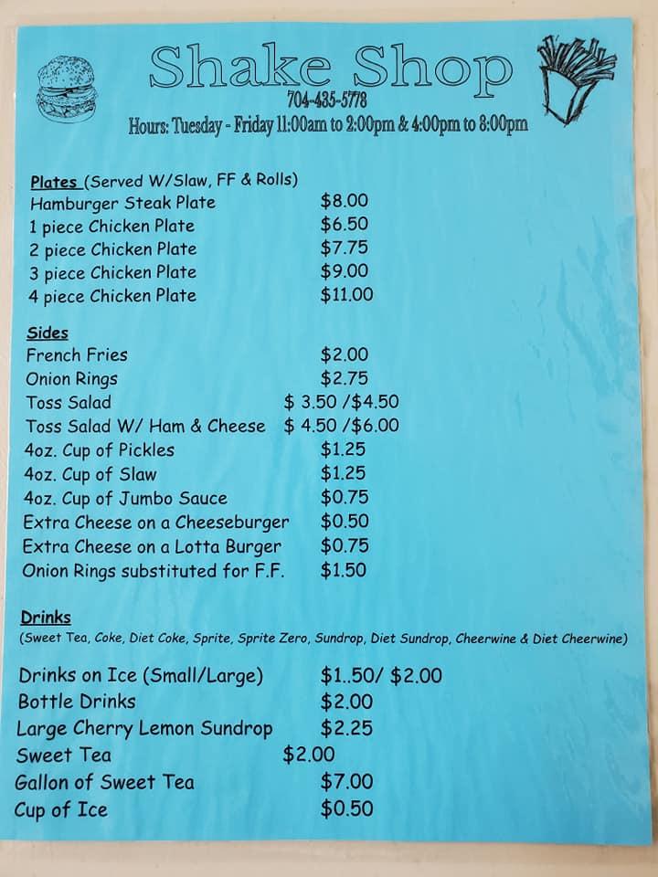 Menu at Shake Shop restaurant, Cherryville