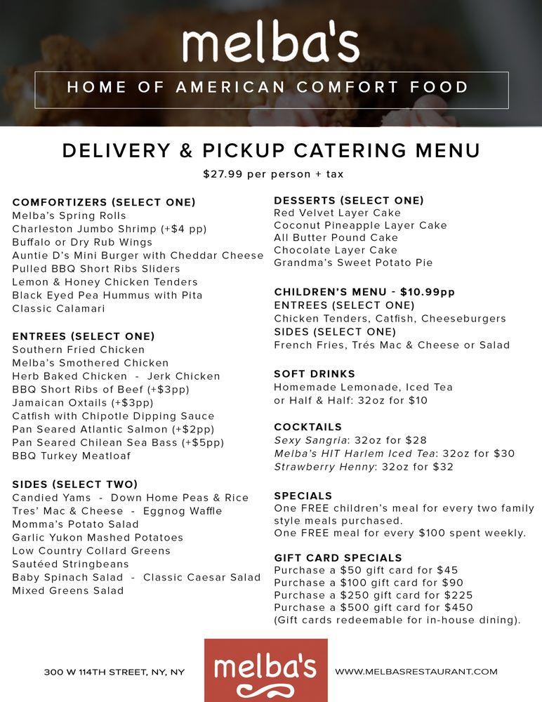 Menu at Melba's Restaurant, New York City, 300 W 114th St