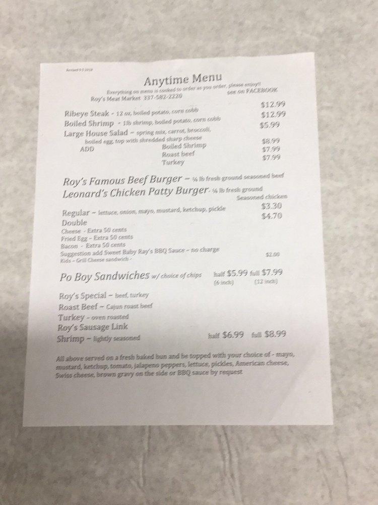 Menu at Roy's Meat Market restaurant, Iowa