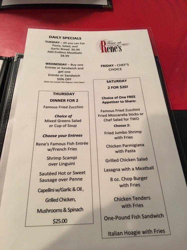 Menu at RTime at Rene's restaurant, East McKeesport