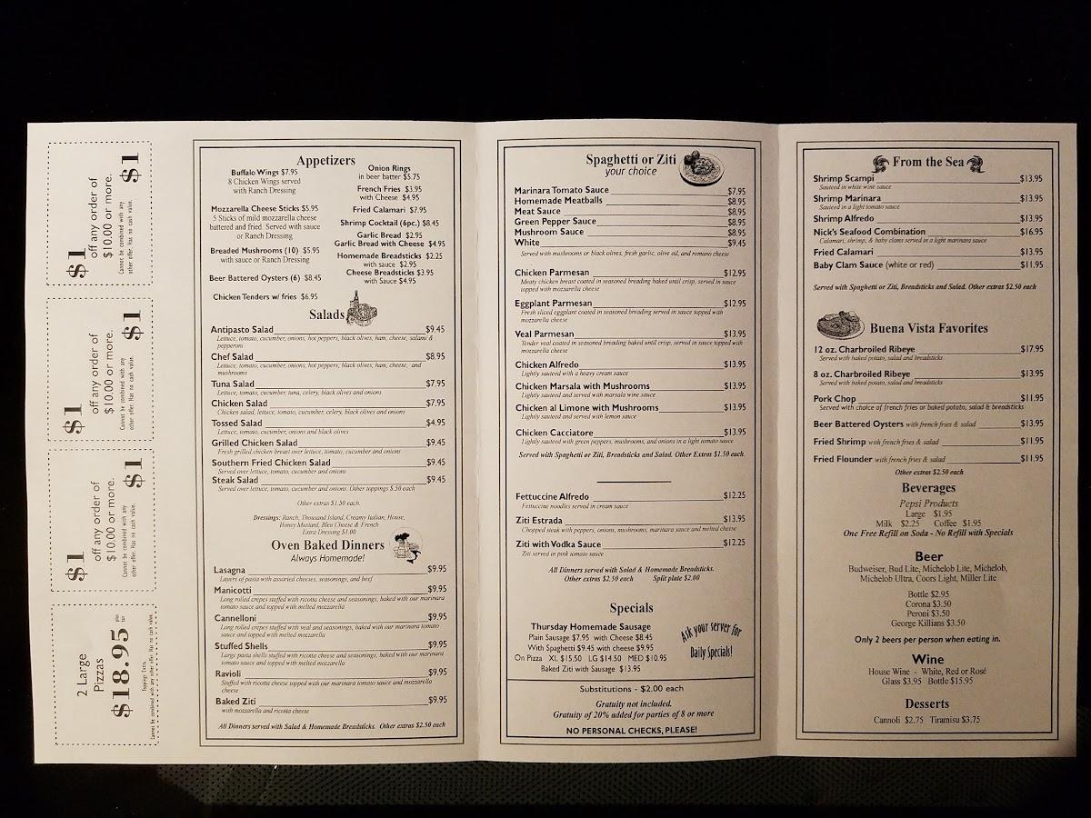 Menu at Nick's Italian Kitchen pizzeria, Buena Vista