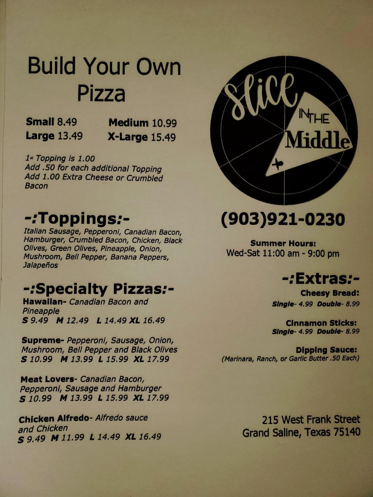 Menu at Slice In The Middle restaurant, Grand Saline