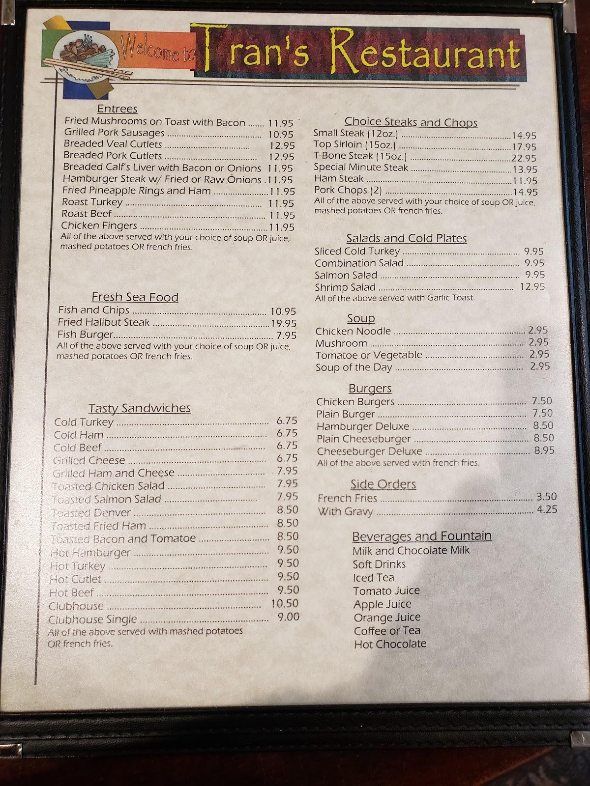 Menu at Tran's Cafe, Humboldt