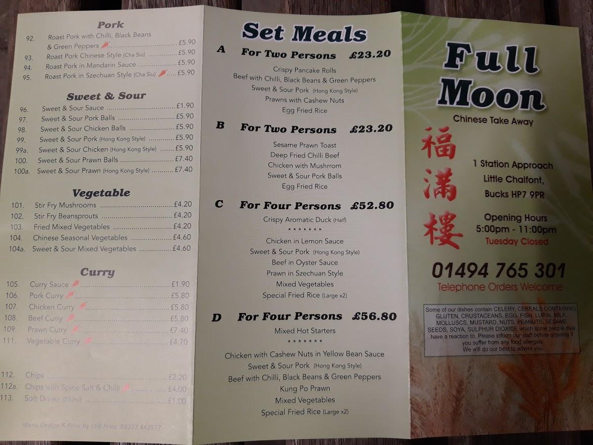 Menu at Full Moon restaurant, Amersham
