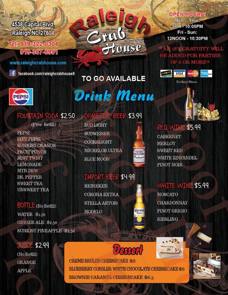 Menu at Raleigh Crab House restaurant, Raleigh