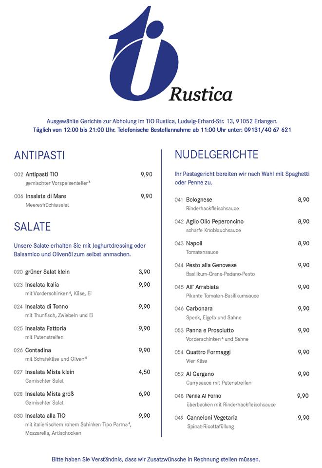 Speisekarte von TIO Rustica pizza, Erlangen