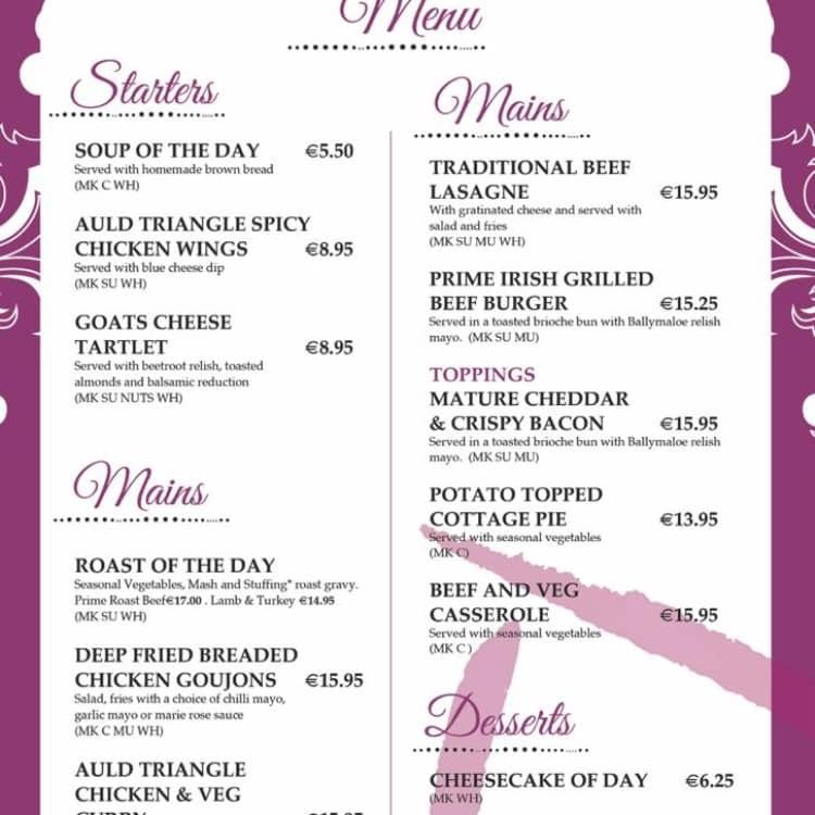 Menu at The Auld Triangle pub & bar, Macroom