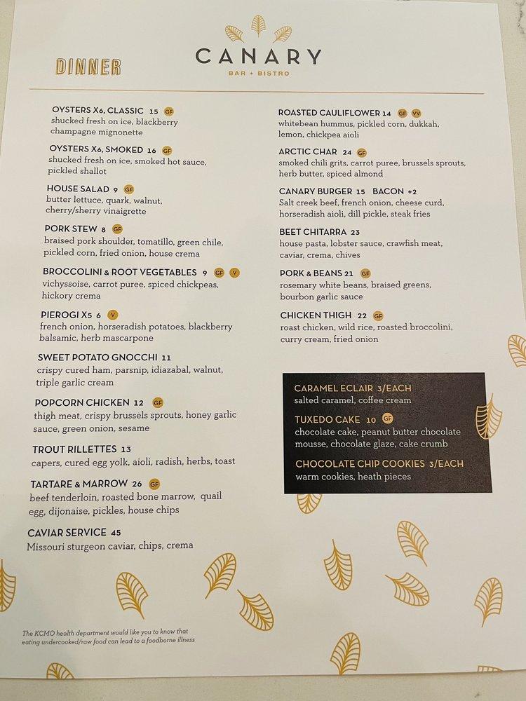 Menu at Canary pub & bar, Kansas City, Main St