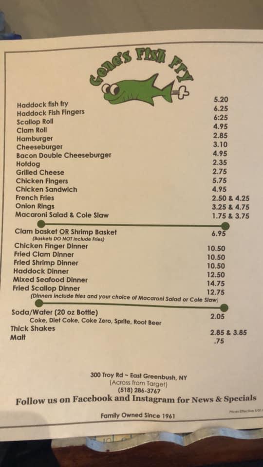 Menu at Gene's Fish Fry restaurant, Rensselaer