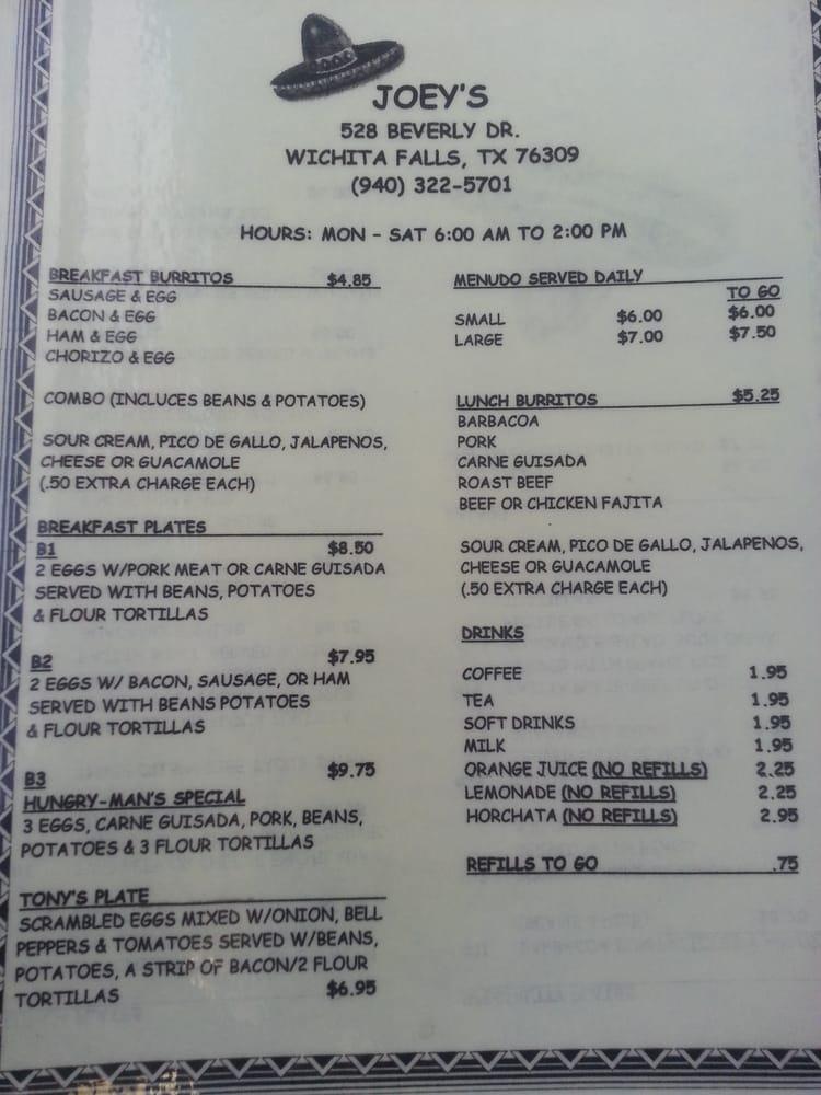 Menu at Joey's restaurant, Wichita Falls, 528 Beverly Dr