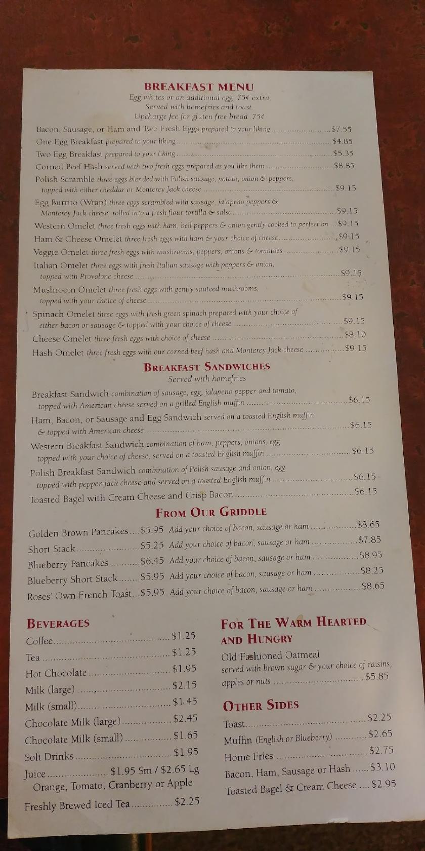 Menu at Roses Restaurant, Lee