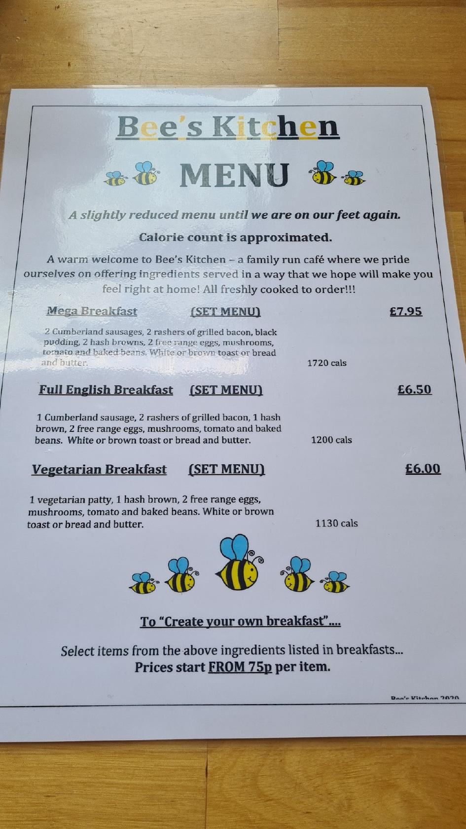 Menu at Bee's Kitchen cafe, Buckingham