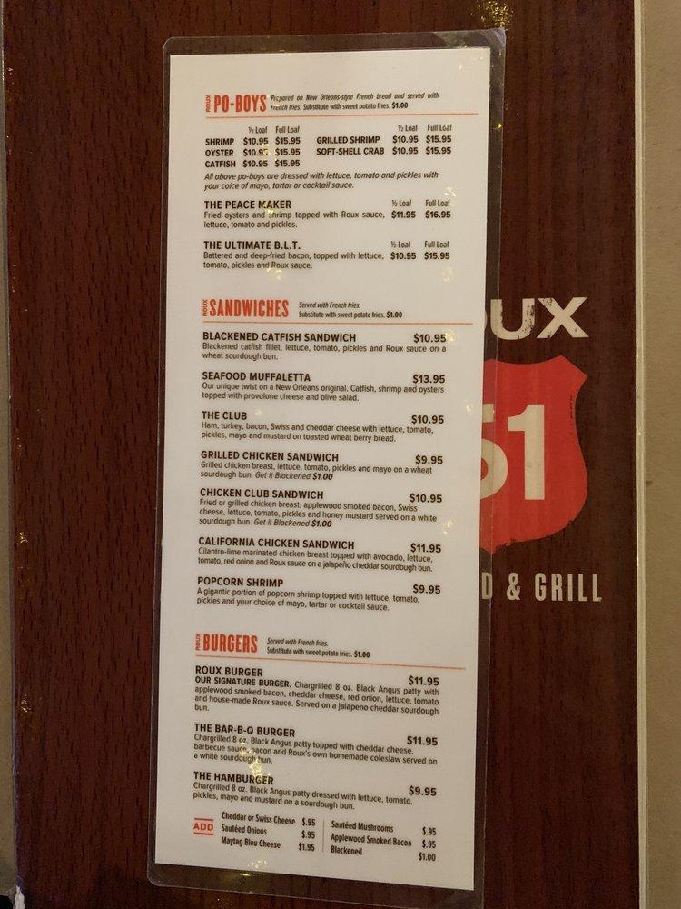 Menu at Roux 61 steakhouse, Natchez