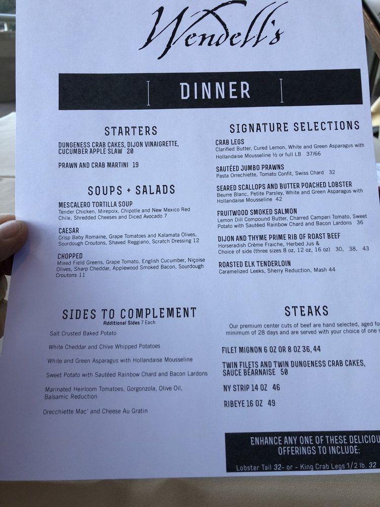 Menu at Wendell's steakhouse, Ruidoso