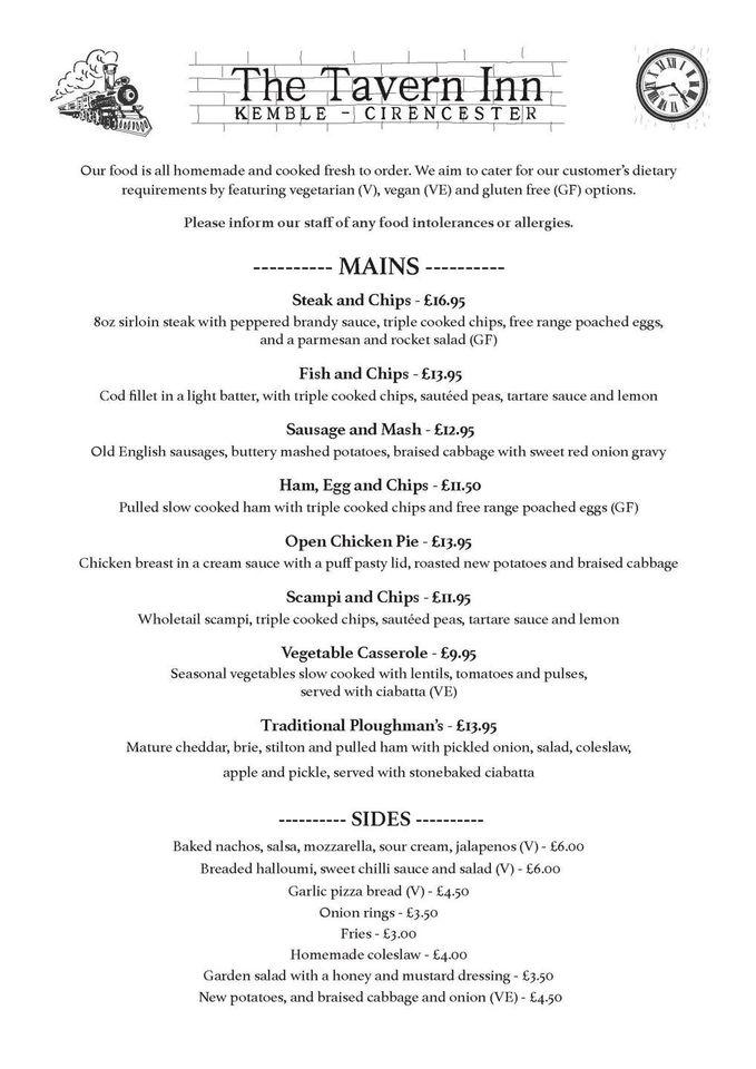Menu at The Tavern Inn restaurant, Kemble