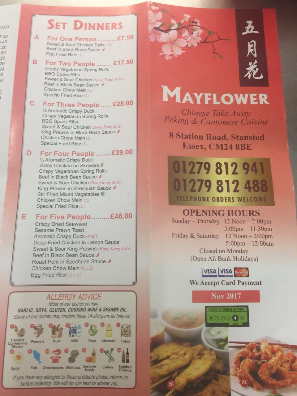 Menu at Mayflower Chinese Takeaway restaurant, Stansted Mountfitchet