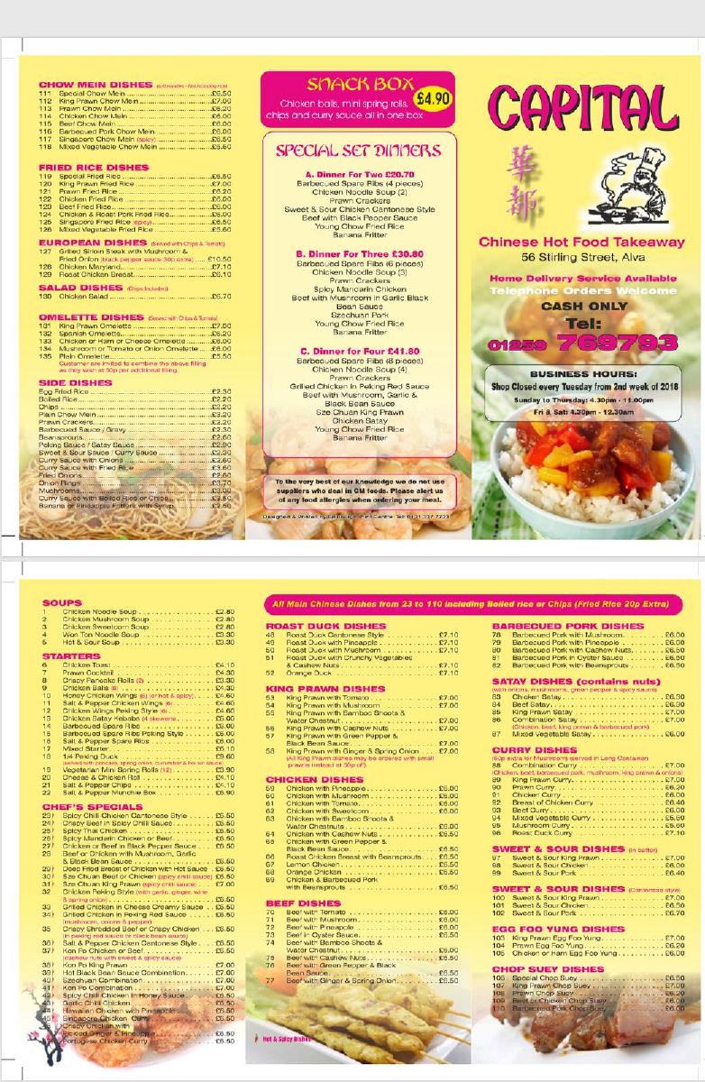 Menu at Capital chinese fast food, Alva