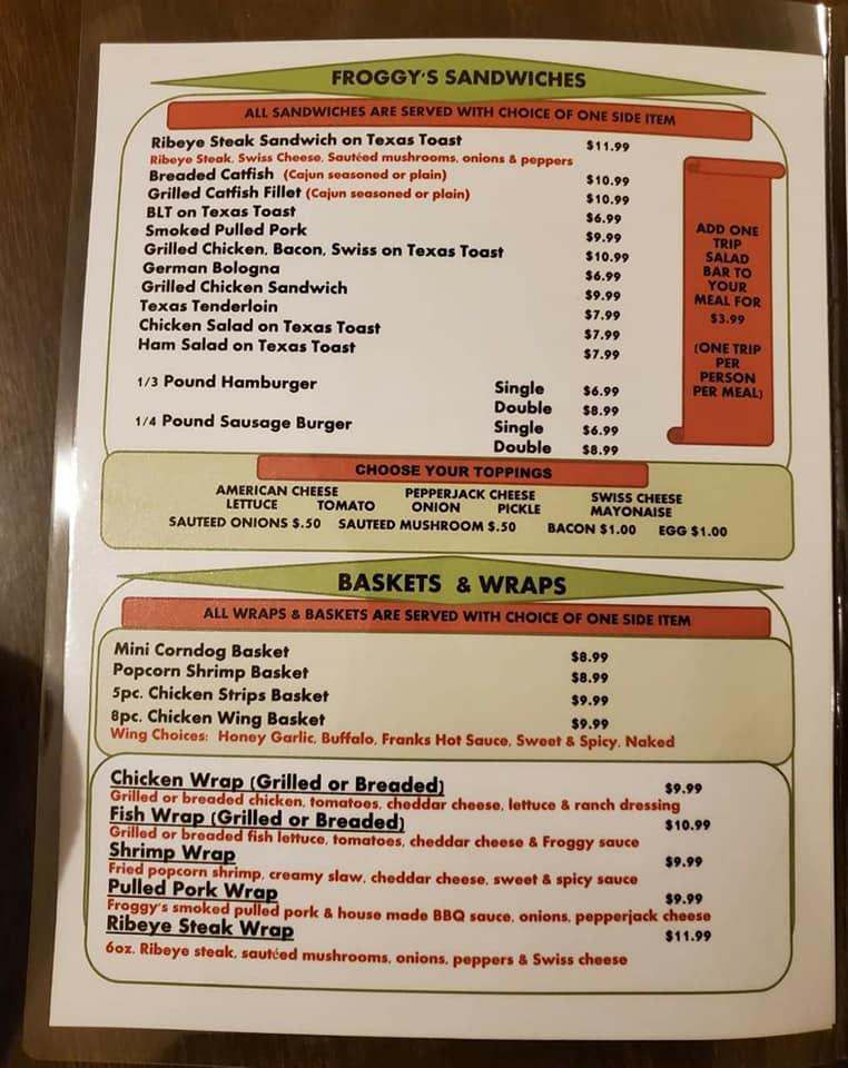 Menu at Froggy's Restaurant & Sports Bar, Wadesville, Main St