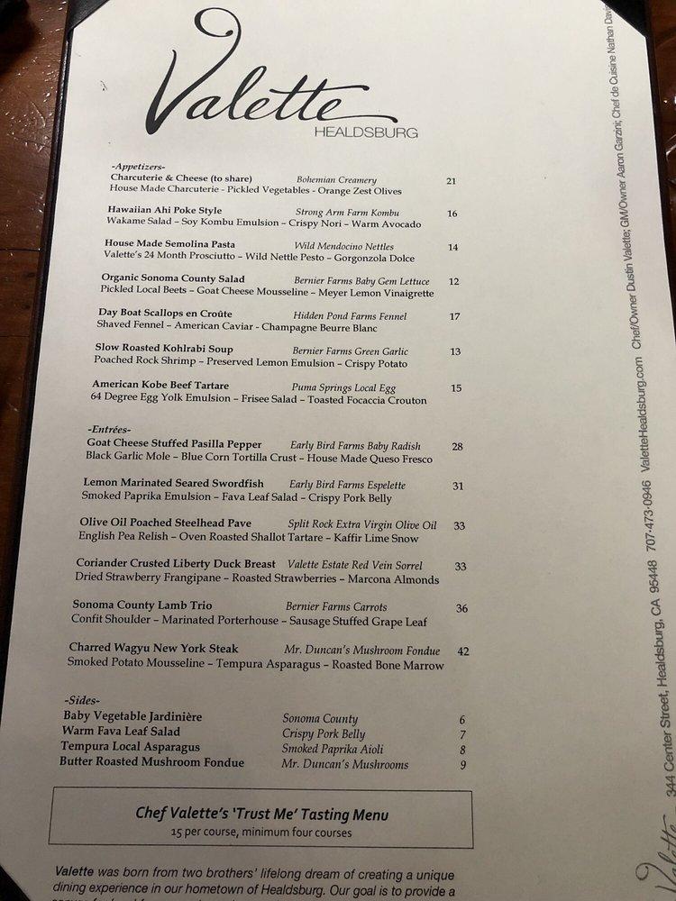 Menu at Valette steakhouse, Healdsburg