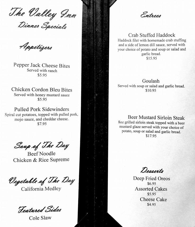 Menu at Valley Inn pub & bar, Williamsport
