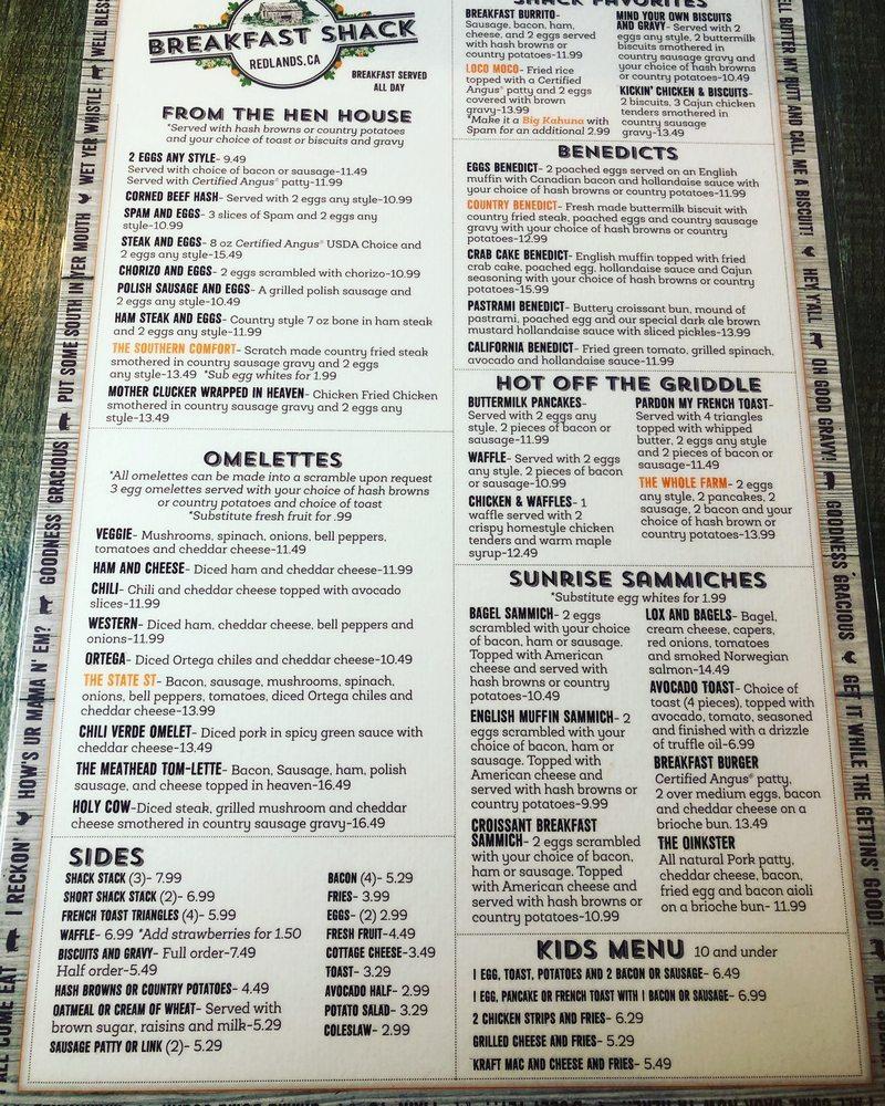 Menu at Breakfast Shack restaurant, Redlands