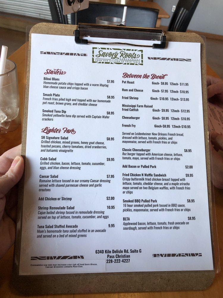 Menu at Savory Roots restaurant, Pass Christian