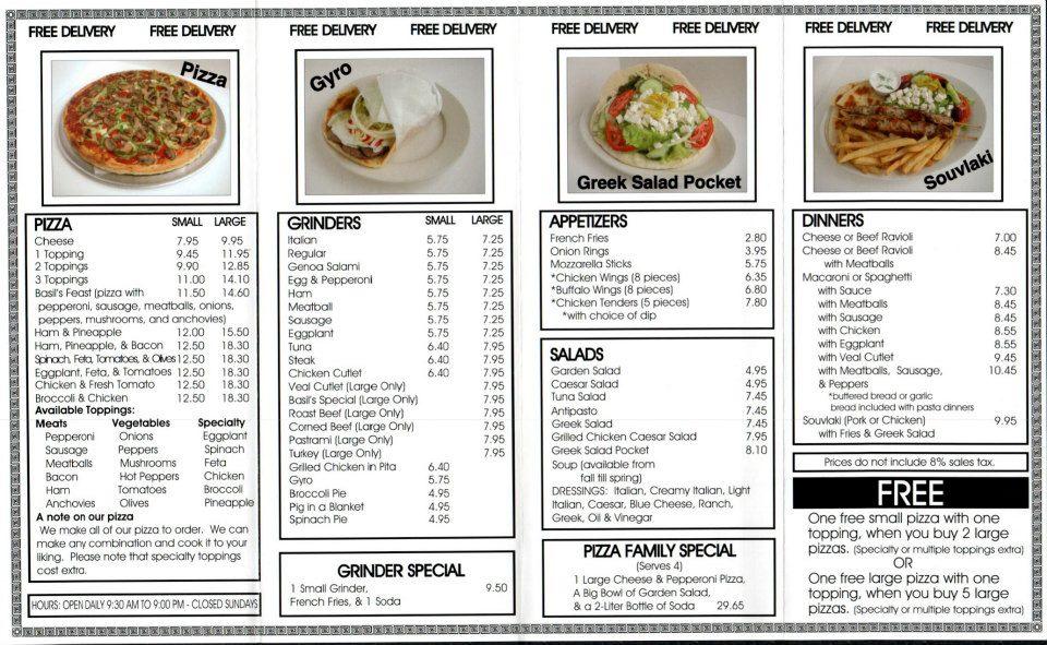 Menu at Basil's Pizza pizzeria, Cranston