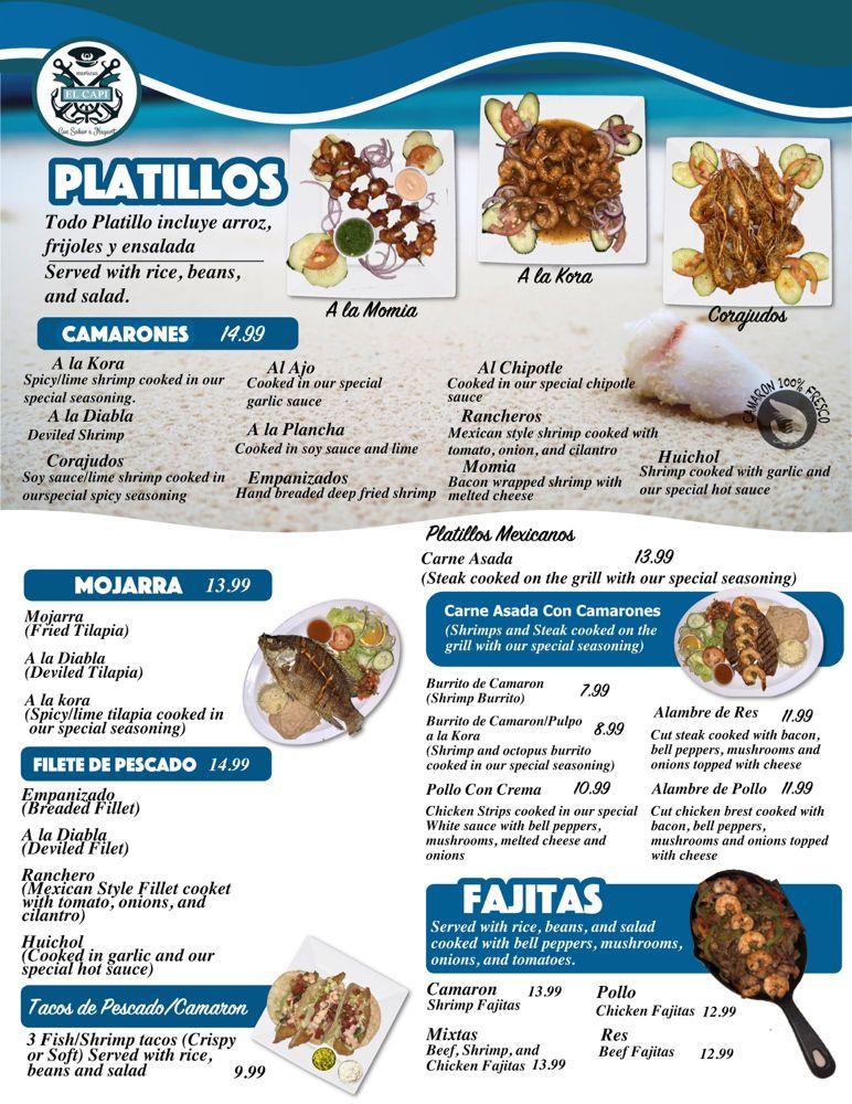 Menu at Mariscos El Capi restaurant, Arbuckle