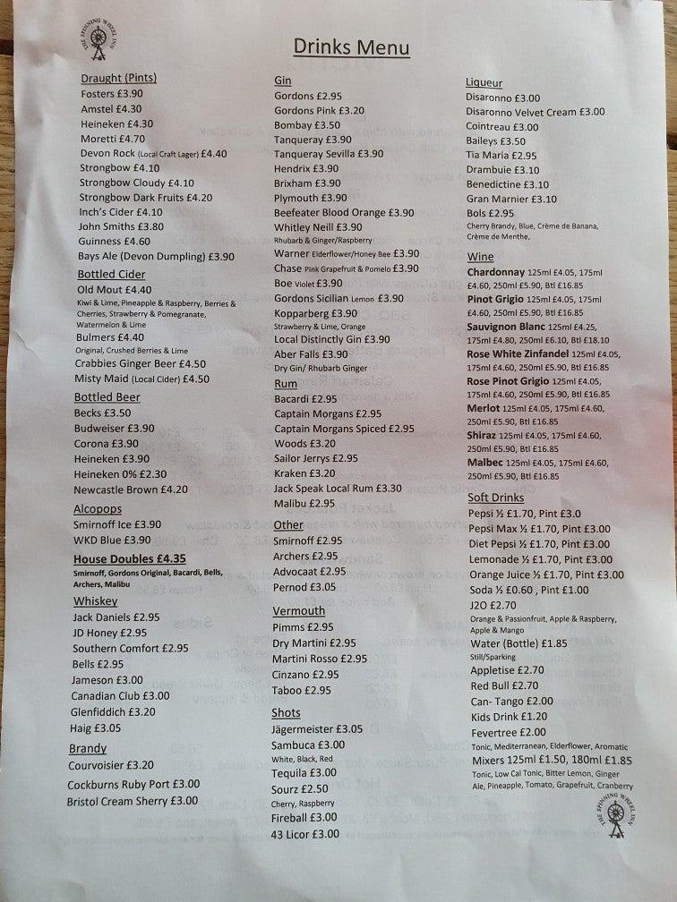 Menu at Spinning Wheel Inn pub & bar, Paignton