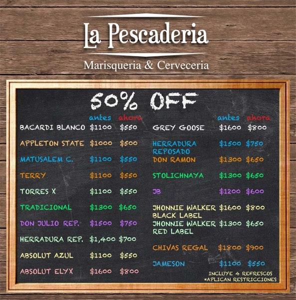 Menu at Pescadería restaurant, Mexico City