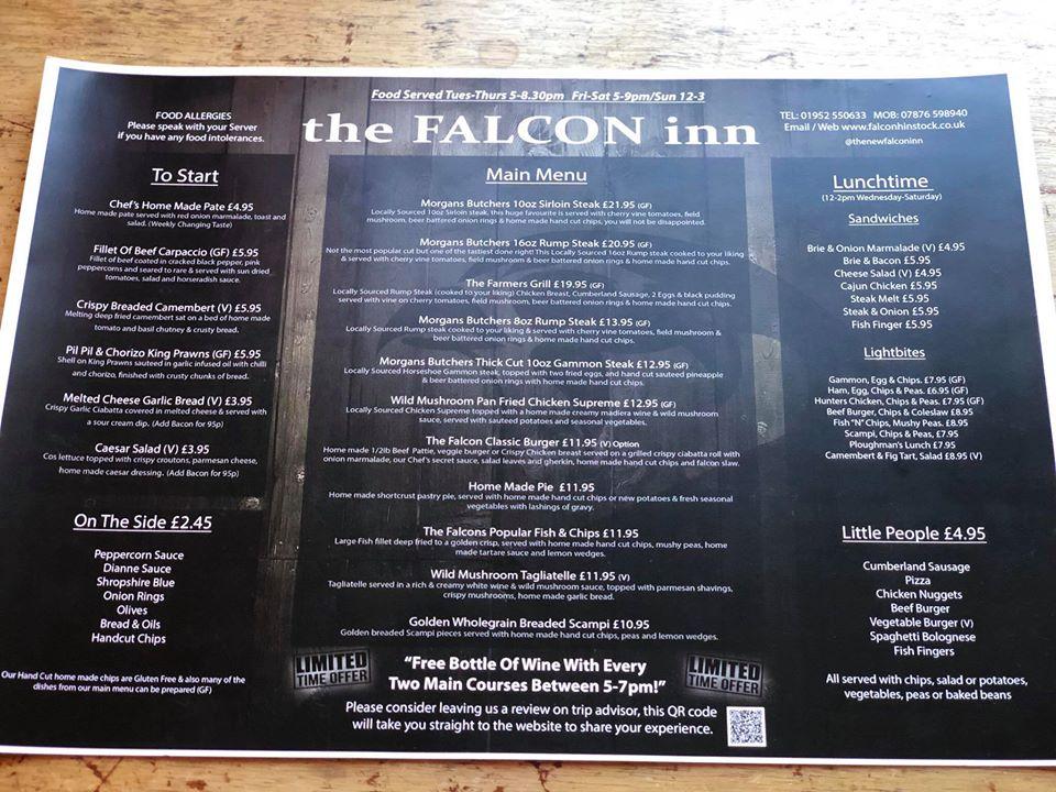 Menu at The New Falcon Inn restaurant, Hinstock