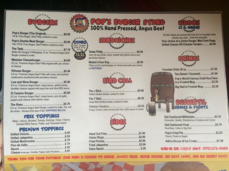 Menu at Pop's Burger Stand restaurant, Waxahachie