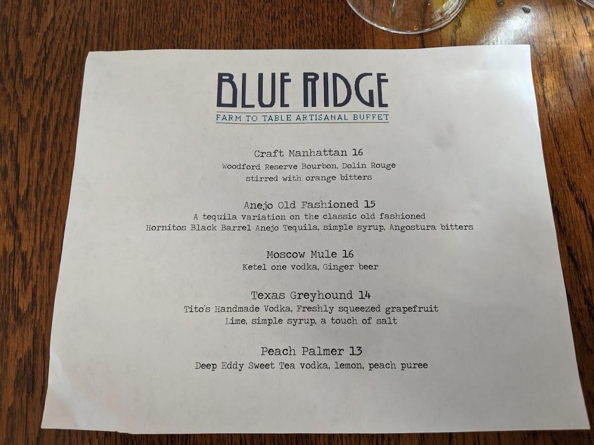 Menu at Blue Ridge restaurant, Asheville