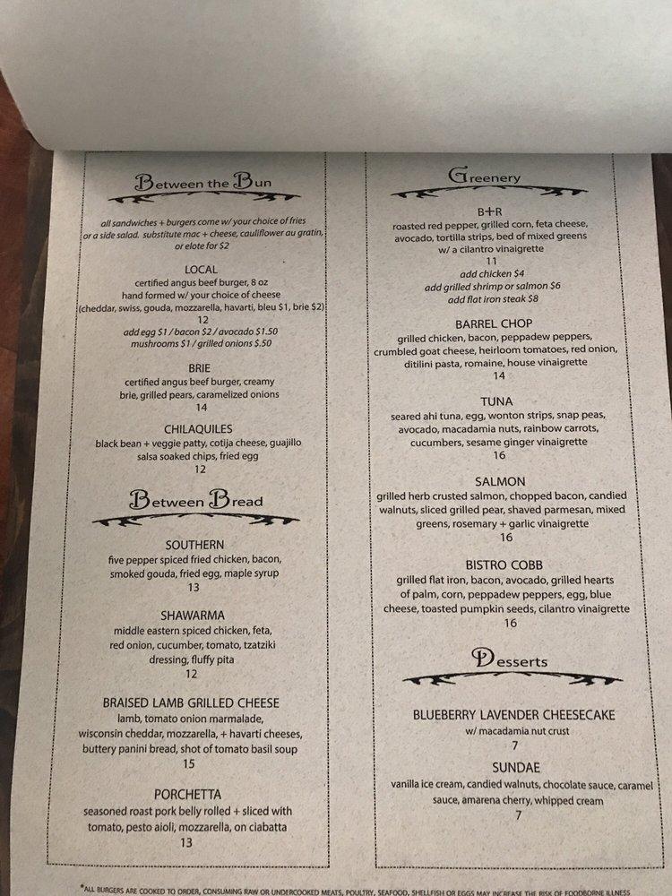 Menu at Barrel + Rye, Geneva