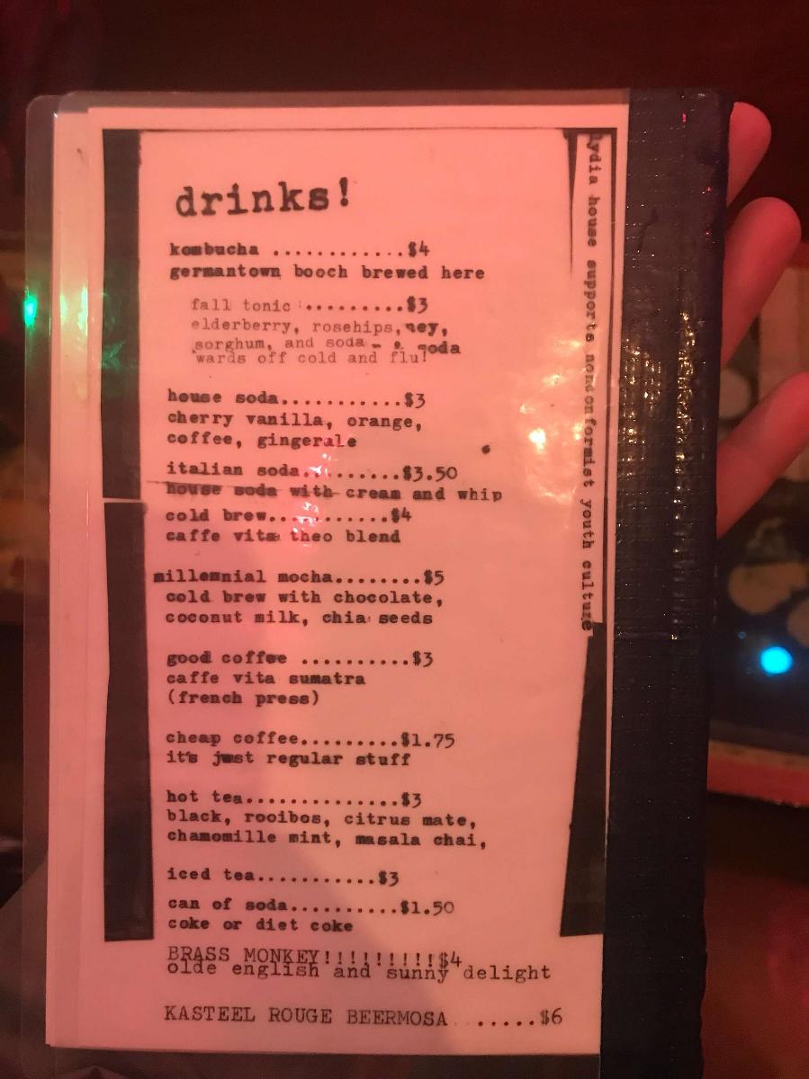 Menu at Lydia House pub & bar, Louisville