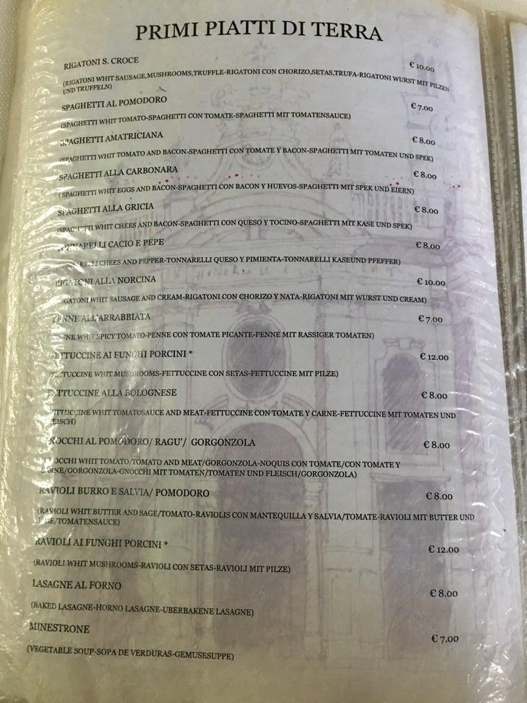 Menu at Santa Croce Caffè pizzeria, Rome
