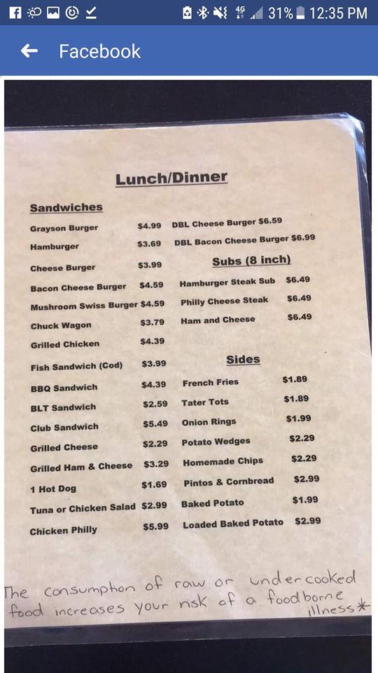 Menu at Grayson Restaurant, Wytheville