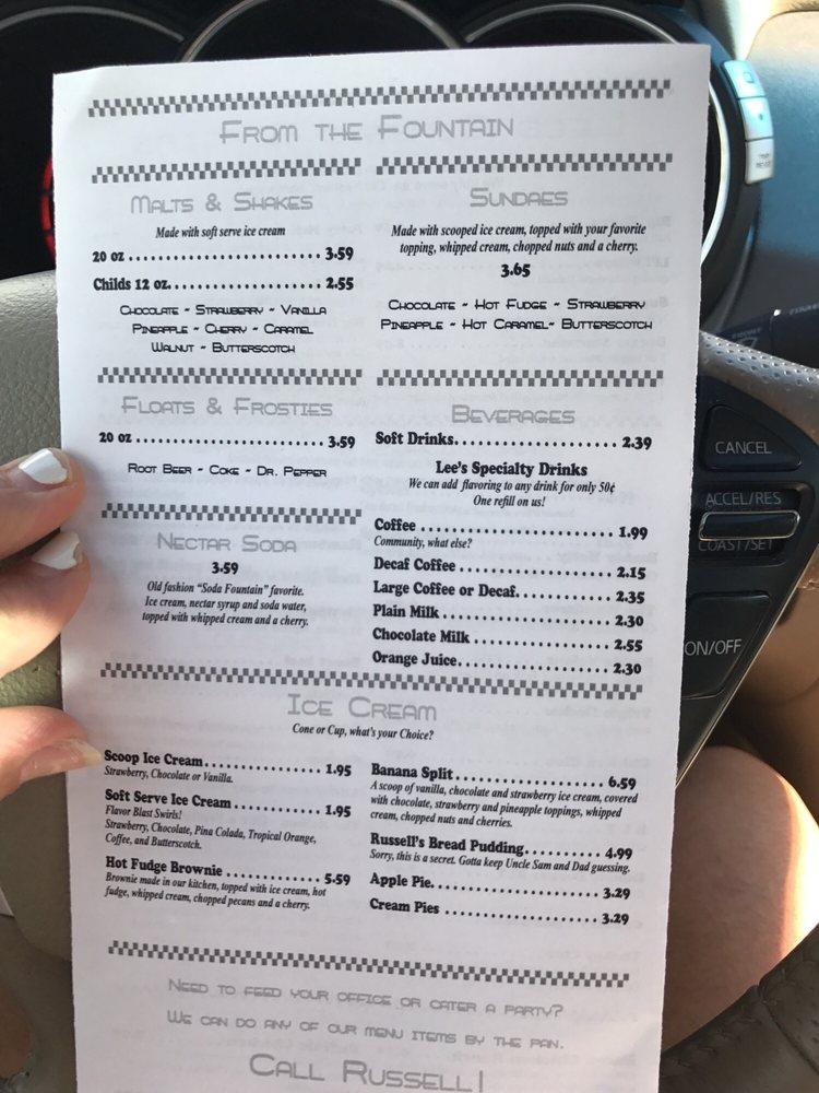 Menu at Lee’s Diner restaurant, Hammond, 401 W Thomas St