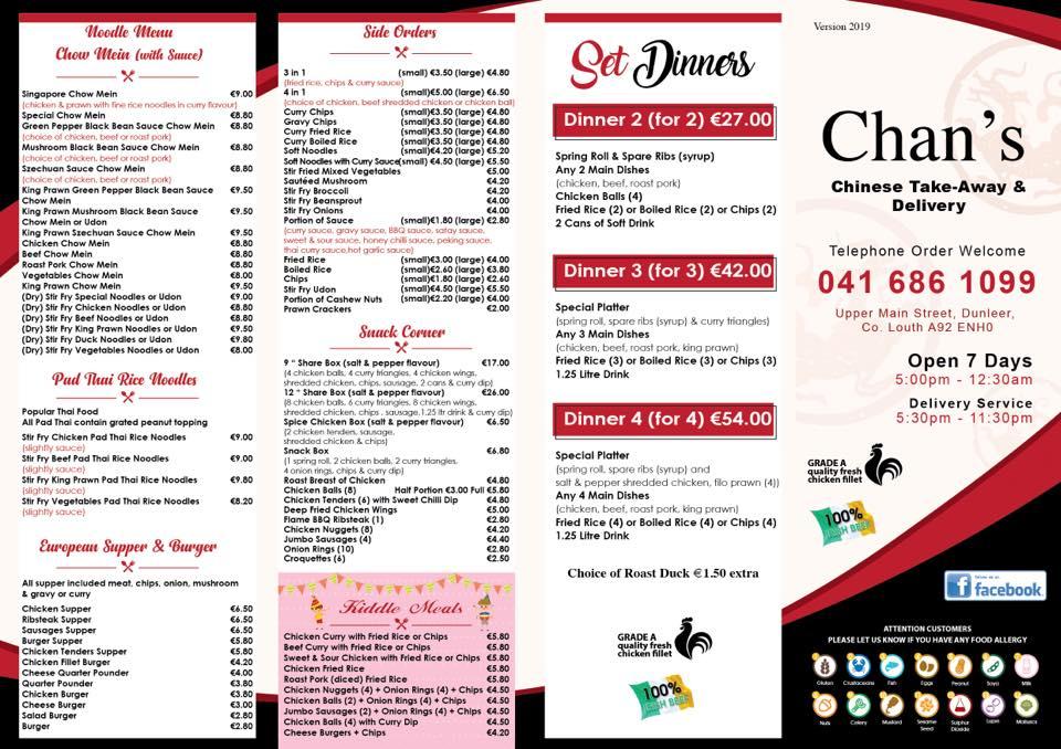 Menu at Chan's Chinese Takeaway fast food, Dunleer