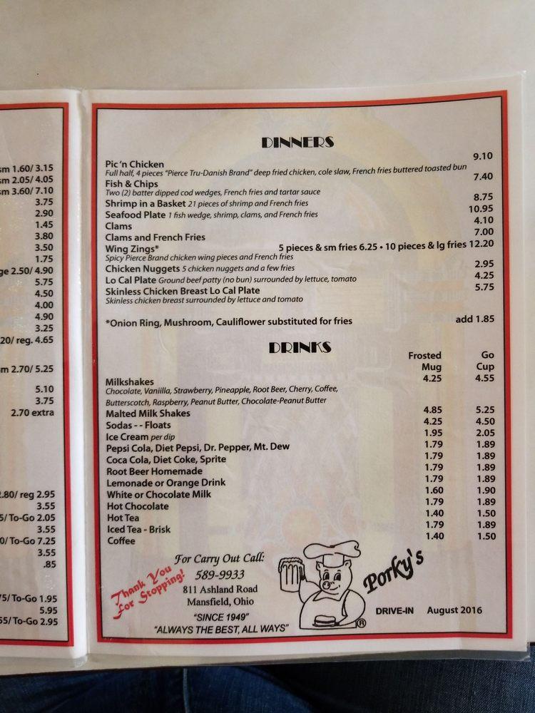Menu at Porky's Drive In restaurant, Mansfield