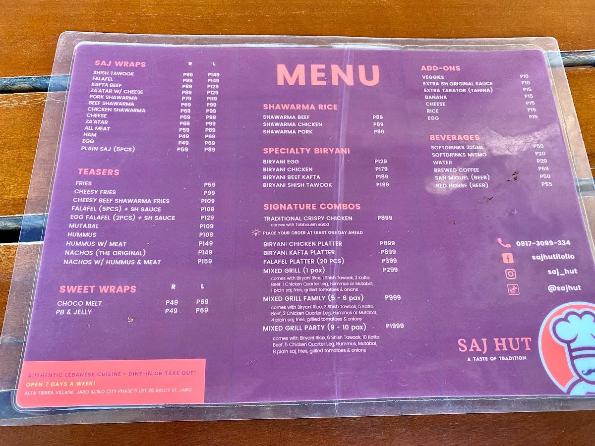 Menu at SAJ HUT restaurant, Iloilo City