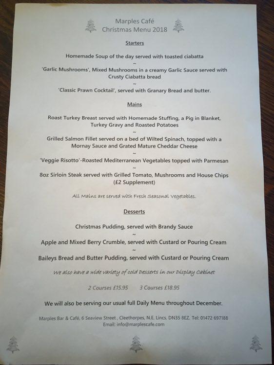 Menu at Marples cafe, Cleethorpes