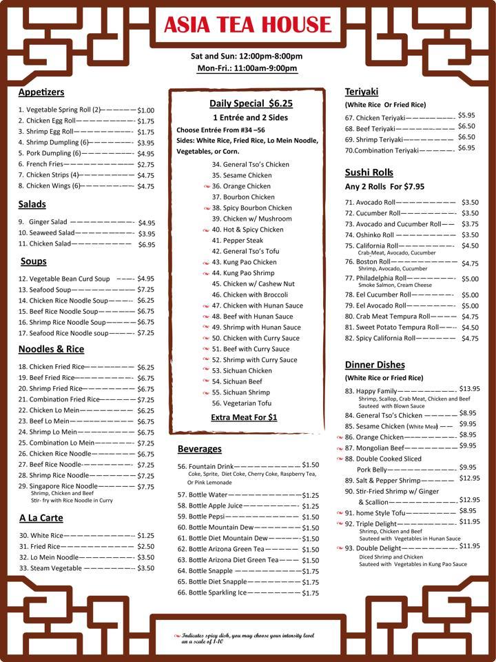 Menu at Asia Tea House cafe, Pittsburgh