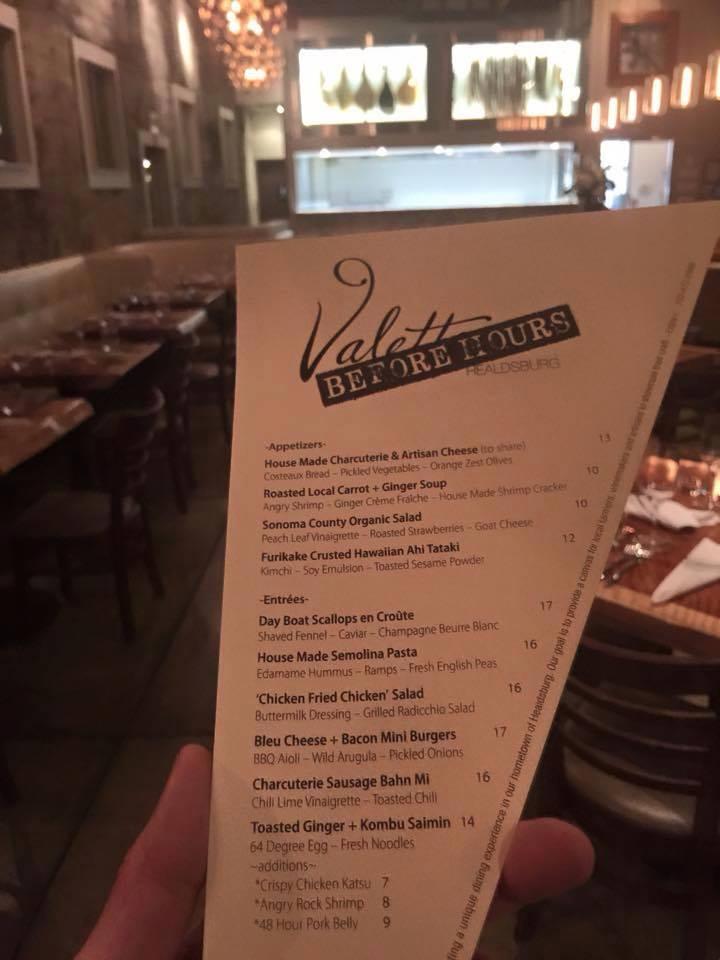 Menu at Valette steakhouse, Healdsburg