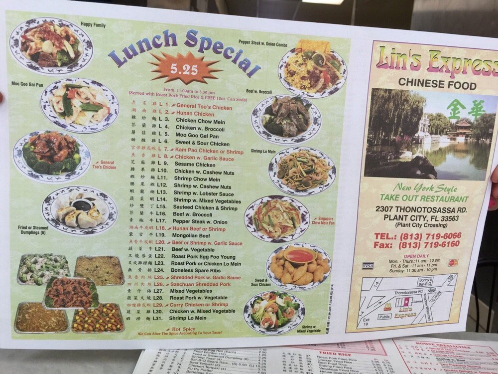 Menu at Lin's express restaurant, Plant City