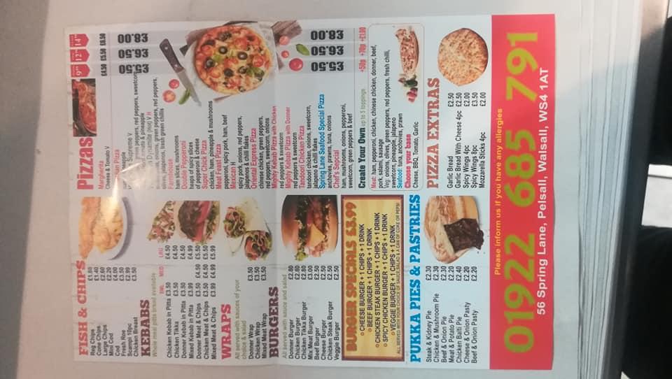 Menu at Spring Lane Fish Bar, Walsall