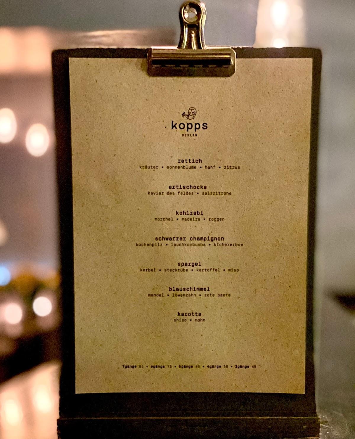 Carta del pub y bar Kopps, Berlin