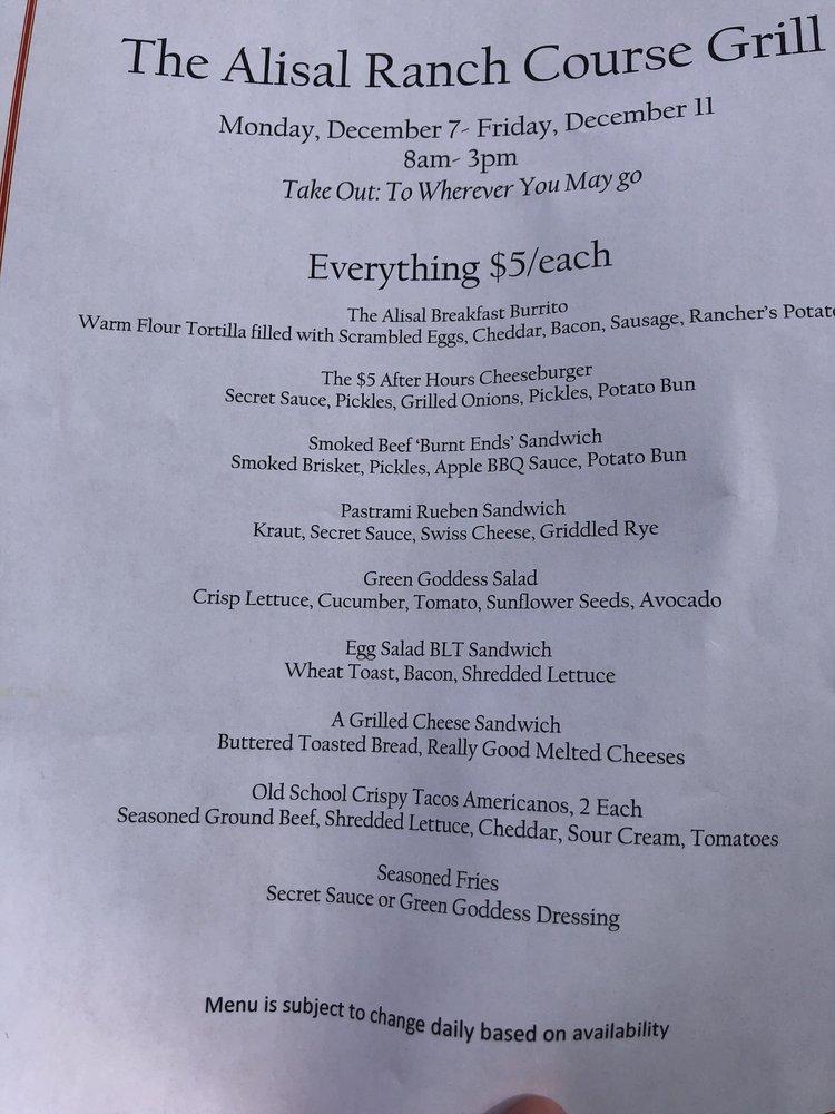 Menu at Alisal Ranch Grill restaurant, Solvang